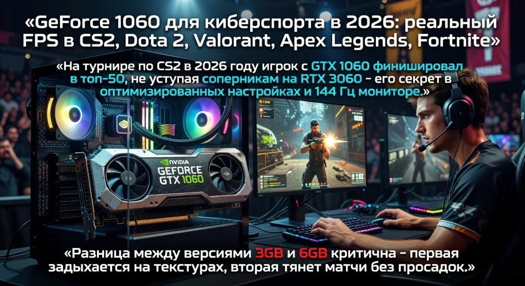 GeForce 1060 для киберспорта в 2026: реальный FPS в CS2, Dota 2, Valorant, Apex Legends, Fortnite